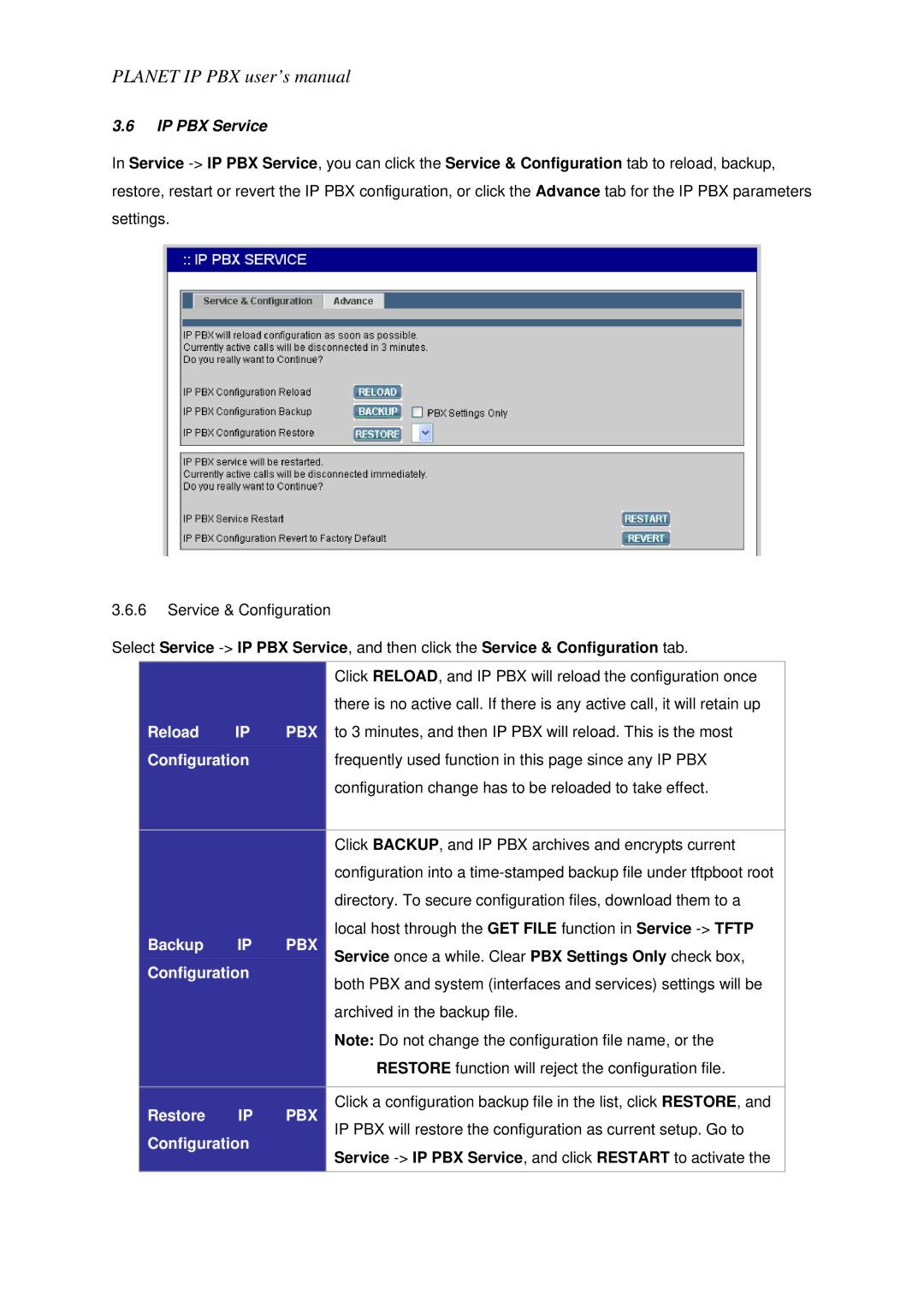 Planet Technology IPX-1800N user manual IP PBX Service, Reload, Configuration, Backup, Restore 