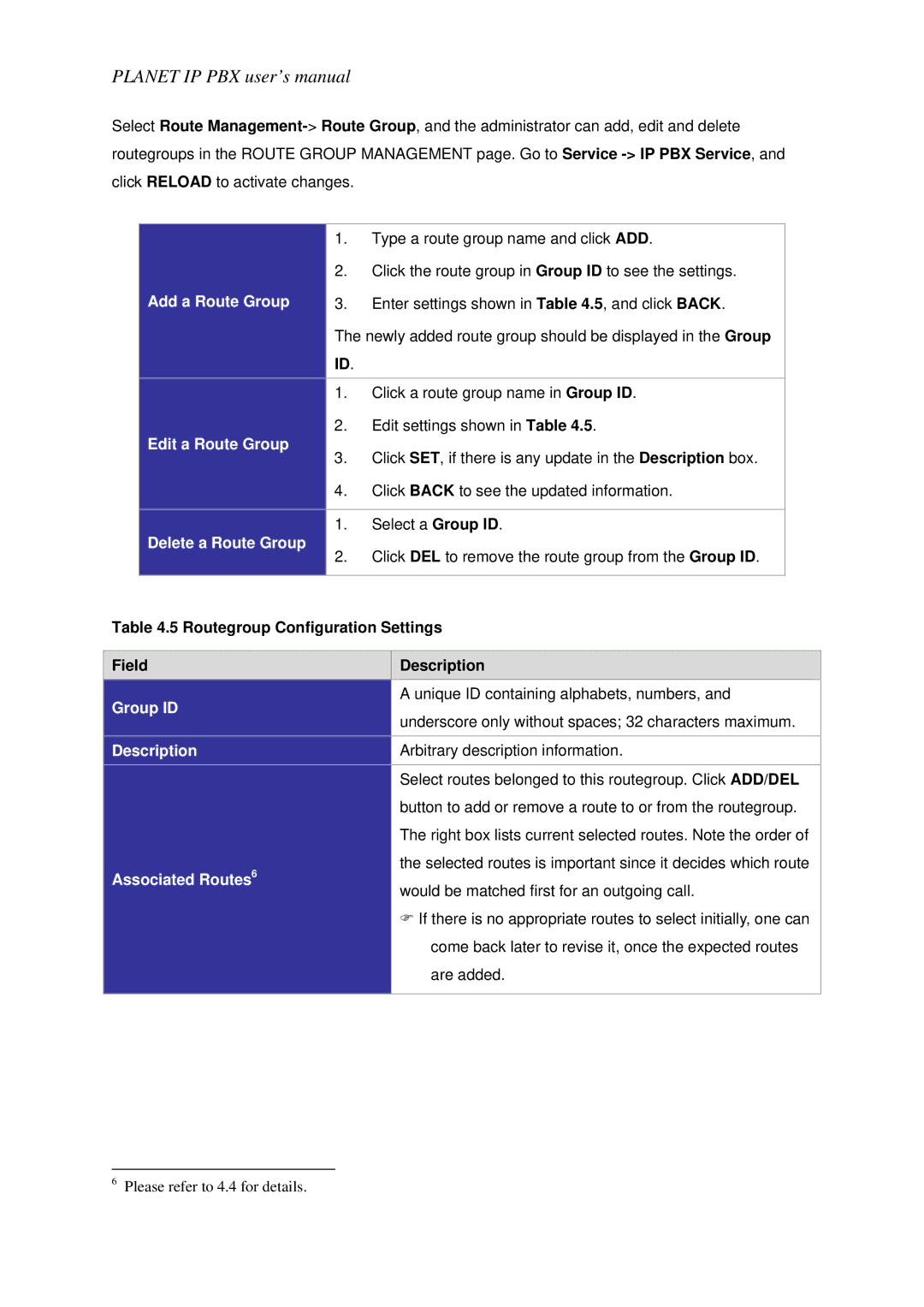 Planet Technology IPX-1800N Add a Route Group, Edit a Route Group, Delete a Route Group, Routegroup Configuration Settings 