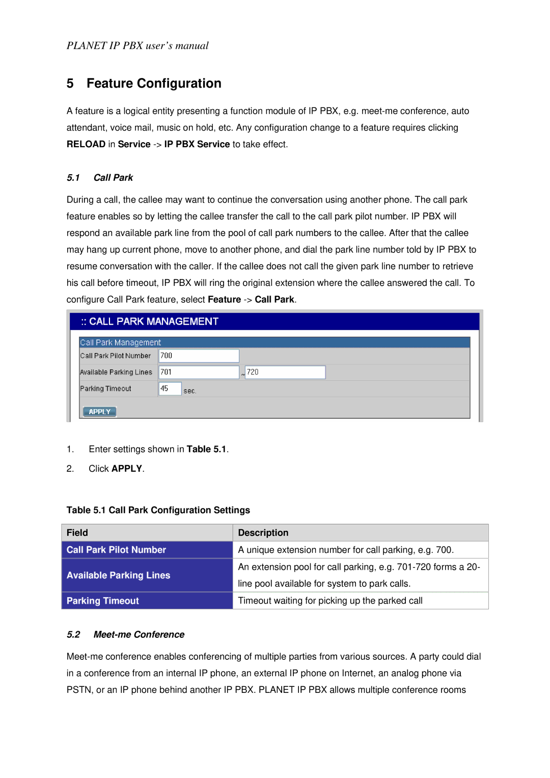 Planet Technology IPX-1800N Call Park Pilot Number, Available Parking Lines, Parking Timeout, Meet-me Conference 