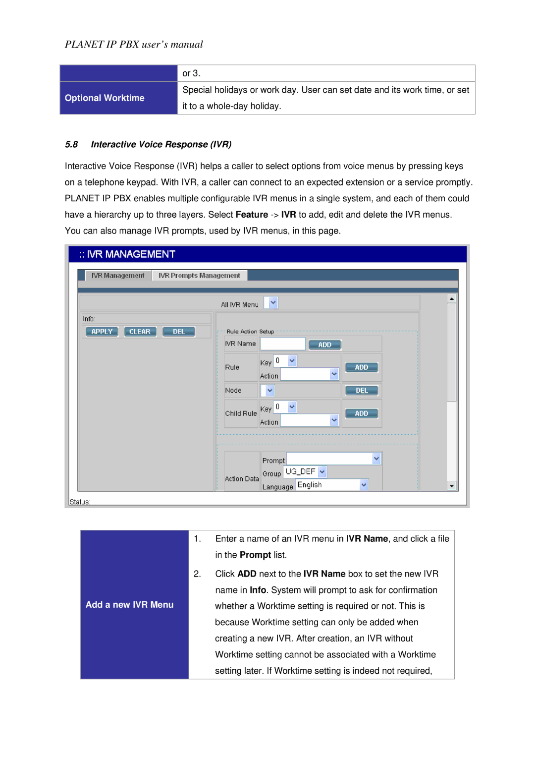 Planet Technology IPX-1800N user manual Optional Worktime, Interactive Voice Response IVR, Add a new IVR Menu 