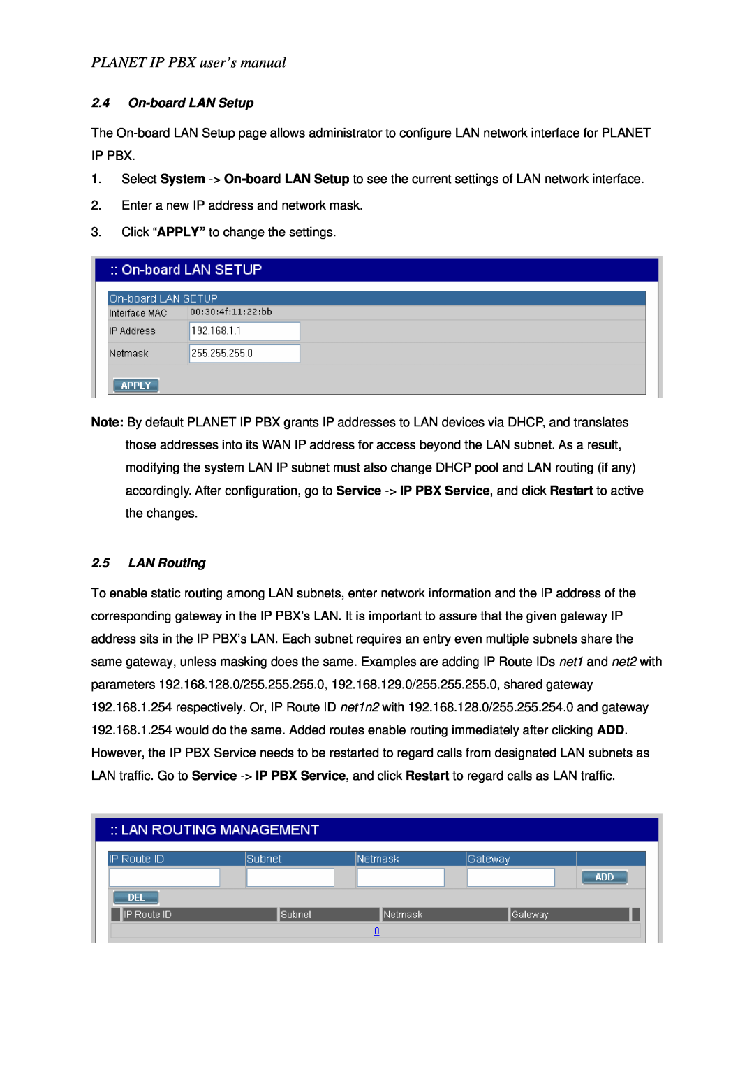 Planet Technology IPX-1800N user manual On-board LAN Setup, LAN Routing, PLANET IP PBX user’s manual 