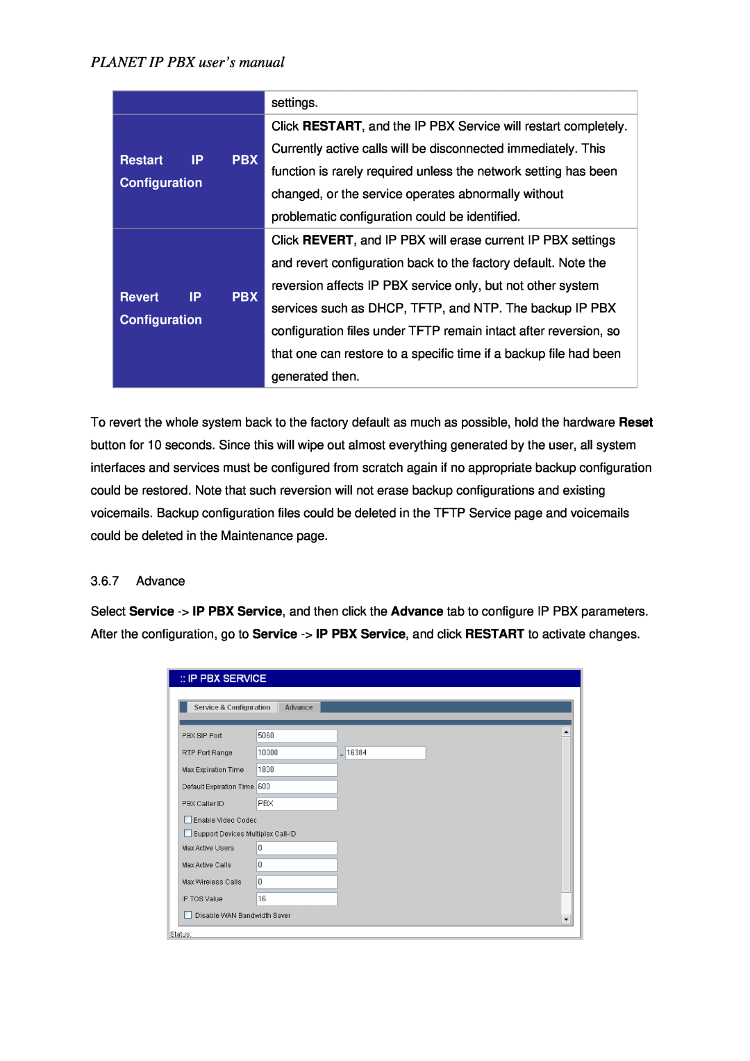 Planet Technology IPX-1800N user manual Restart, Revert, PLANET IP PBX user’s manual, Configuration 