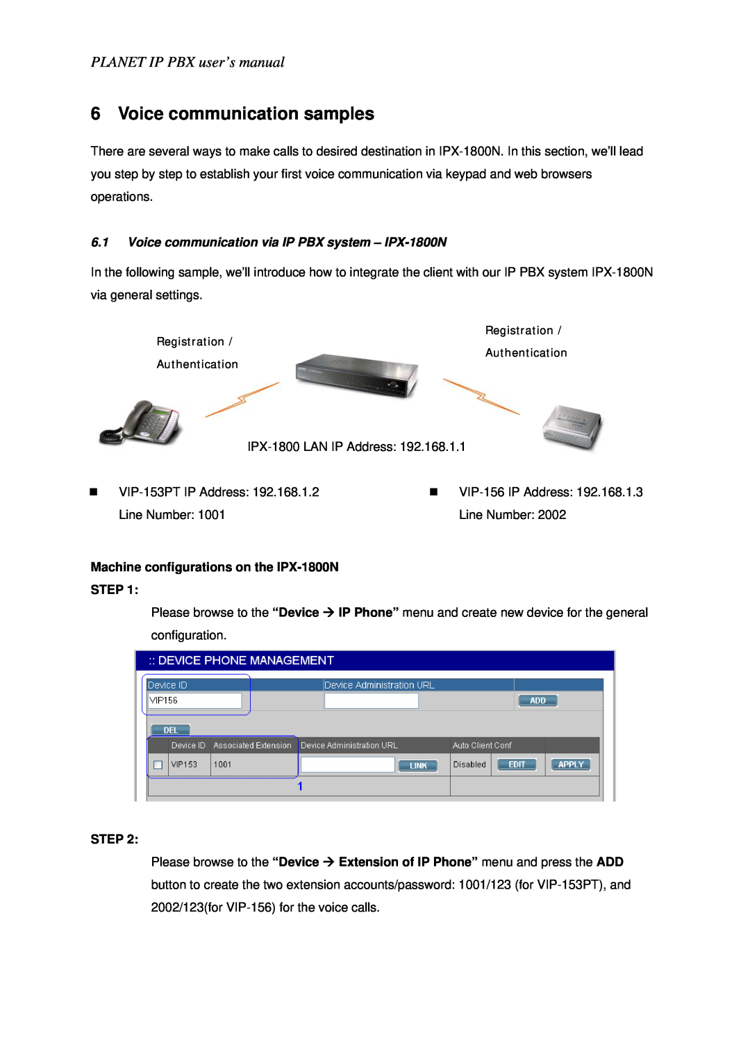 Planet Technology user manual Voice communication samples, Voice communication via IP PBX system - IPX-1800N, Step 