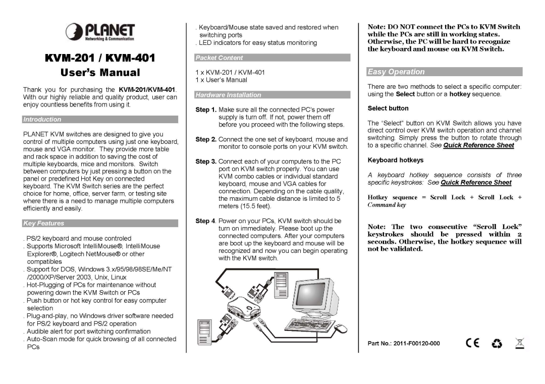 Planet Technology KVM-401, KVM-201 manual 
