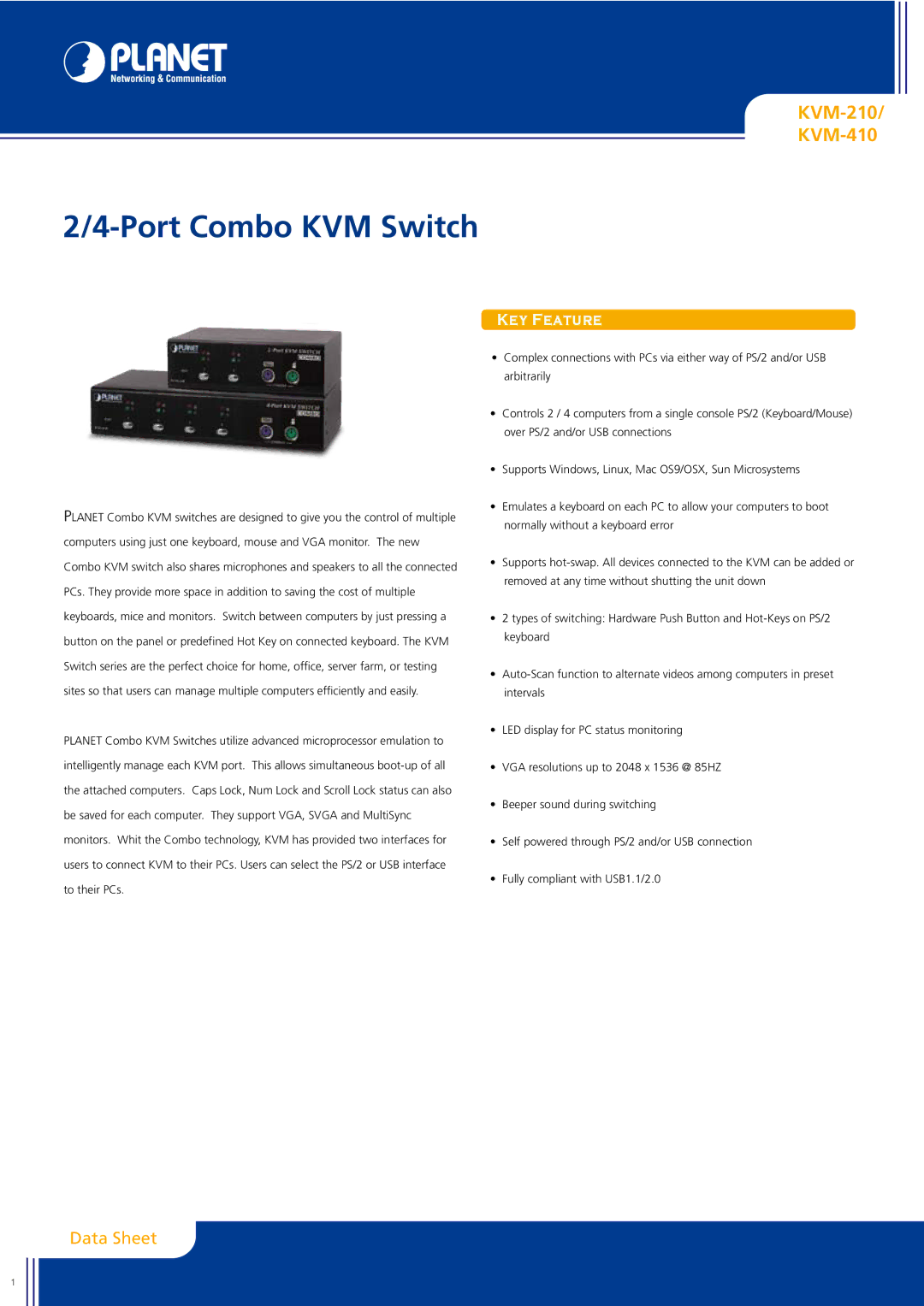 Planet Technology KVM-410, KVM-210 manual Port Combo KVM Switch 