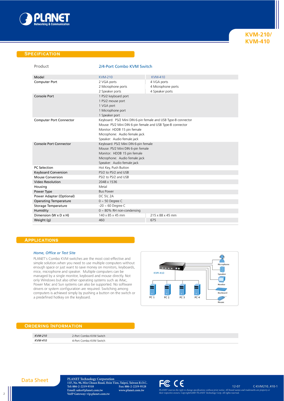 Planet Technology KVM-210 manual KVM-410 