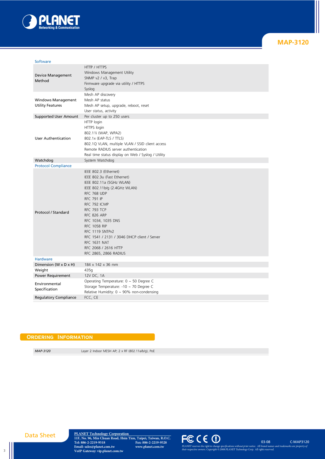 Planet Technology MAP-3120 Ordering Information, Http / Https, RFC 791 IP RFC 792 Icmp RFC 793 TCP RFC 826 ARP, Fcc, Ce 