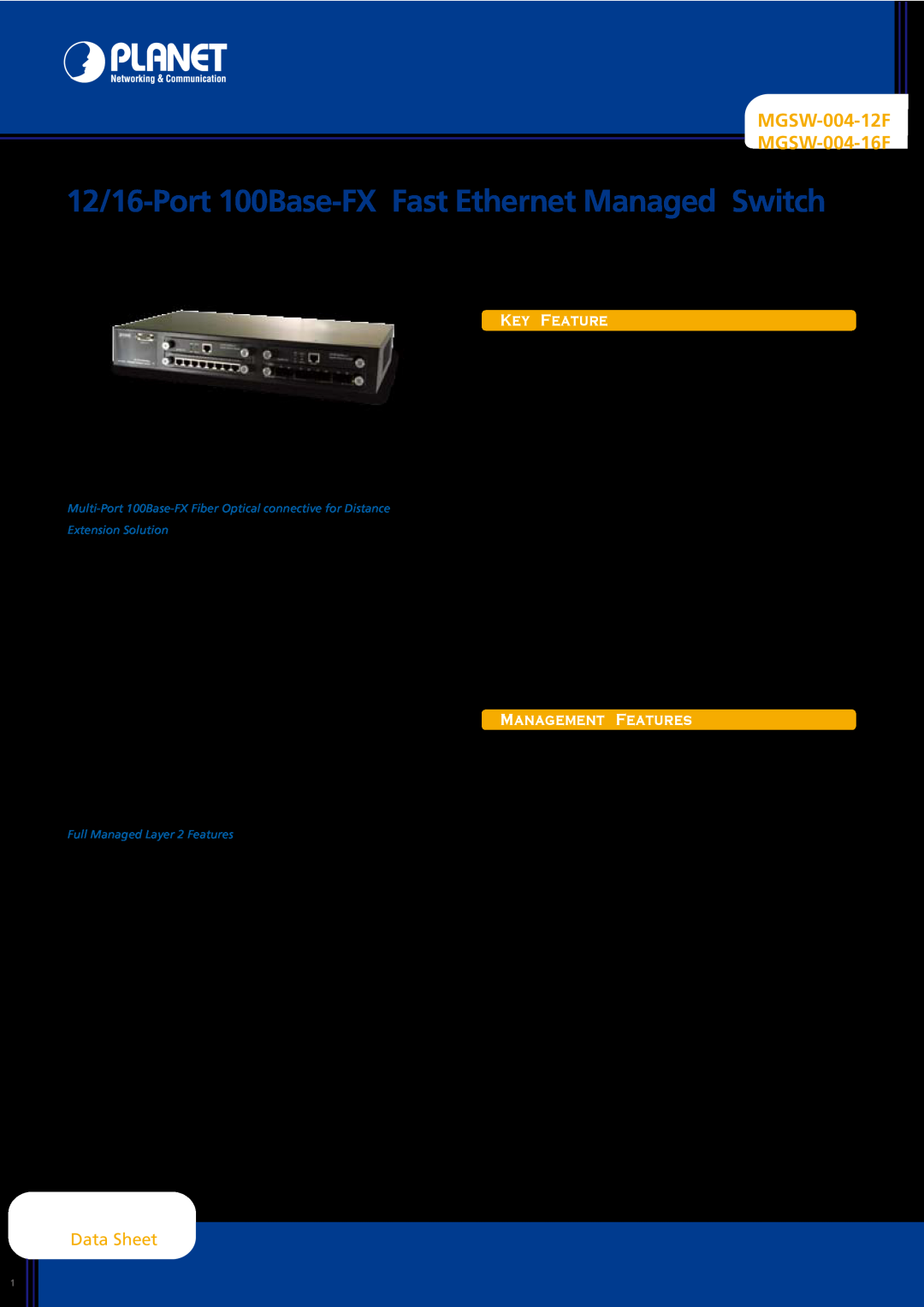 Planet Technology manual MGSW-004-12F MGSW-004-16F, Key Feature, Management Features, Full Managed Layer 2 Features 