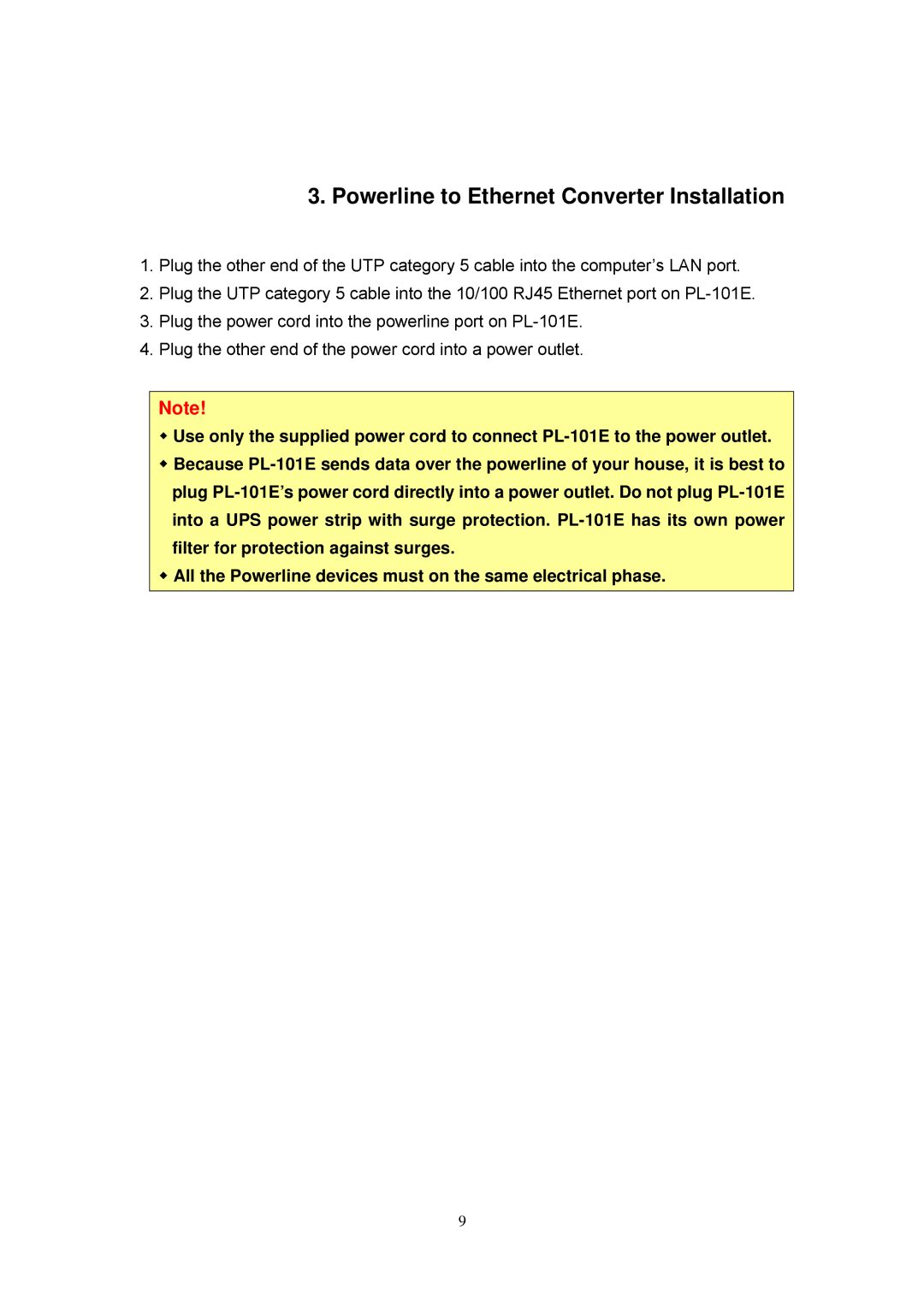 Planet Technology PL-101U, PL-101E user manual Powerline to Ethernet Converter Installation 