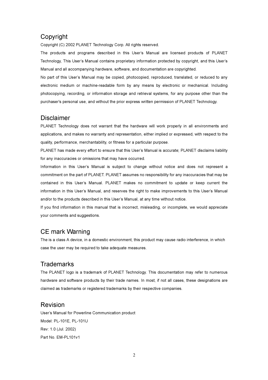 Planet Technology PL-101U, PL-101E user manual Copyright 