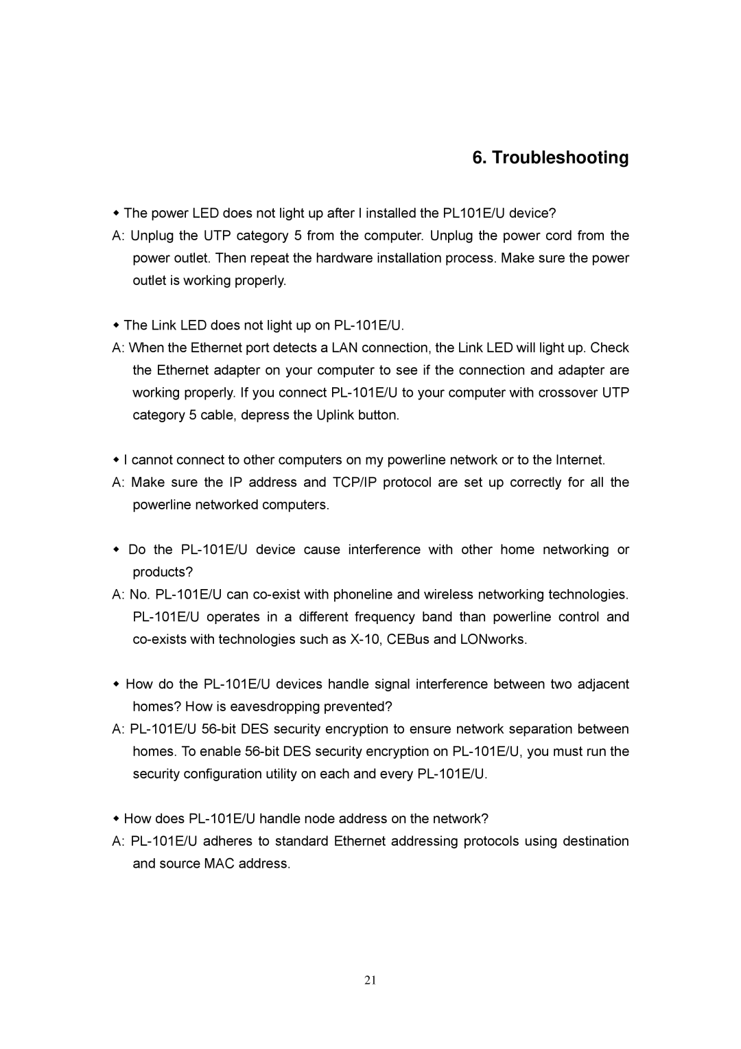 Planet Technology PL-101U, PL-101E user manual Troubleshooting 