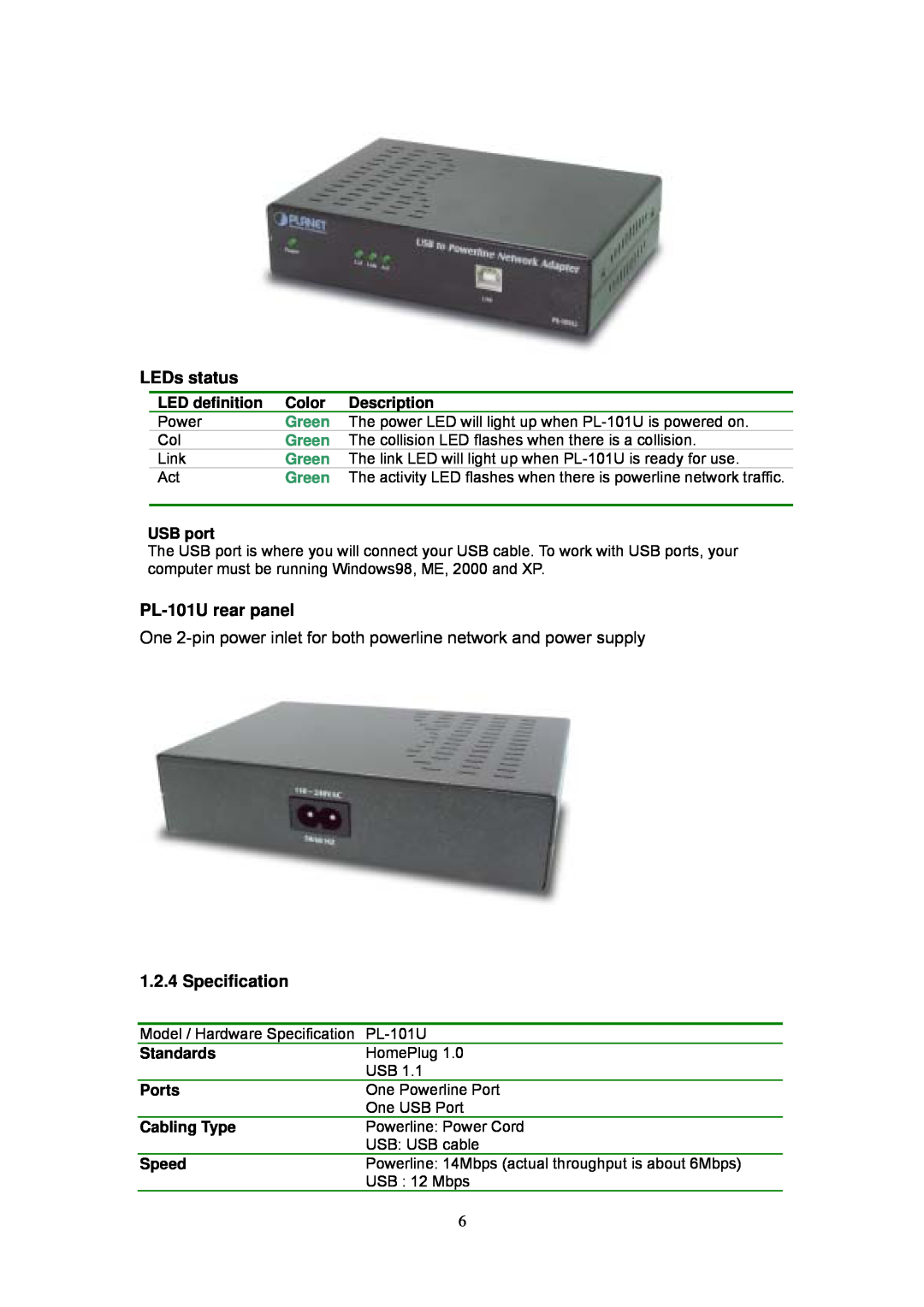 Planet Technology PL-101E user manual LEDs status, PL-101U rear panel, Specification, Green 