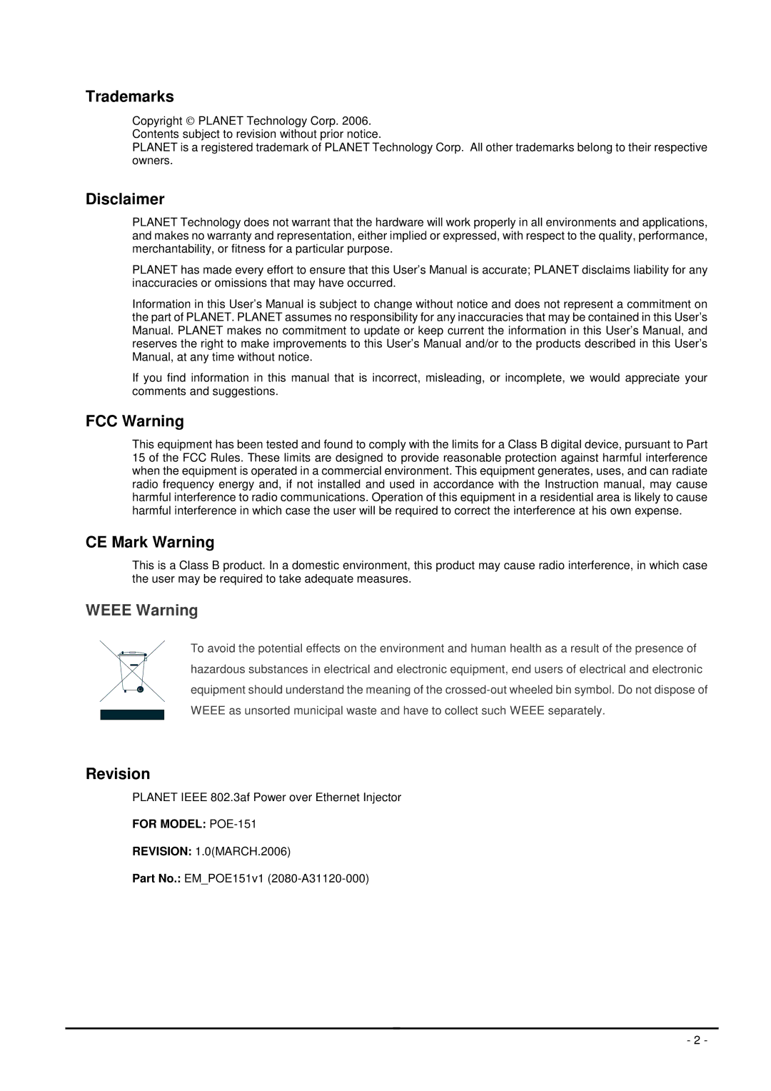 Planet Technology POE-151 user manual Trademarks, Disclaimer, FCC Warning CE Mark Warning, Revision 