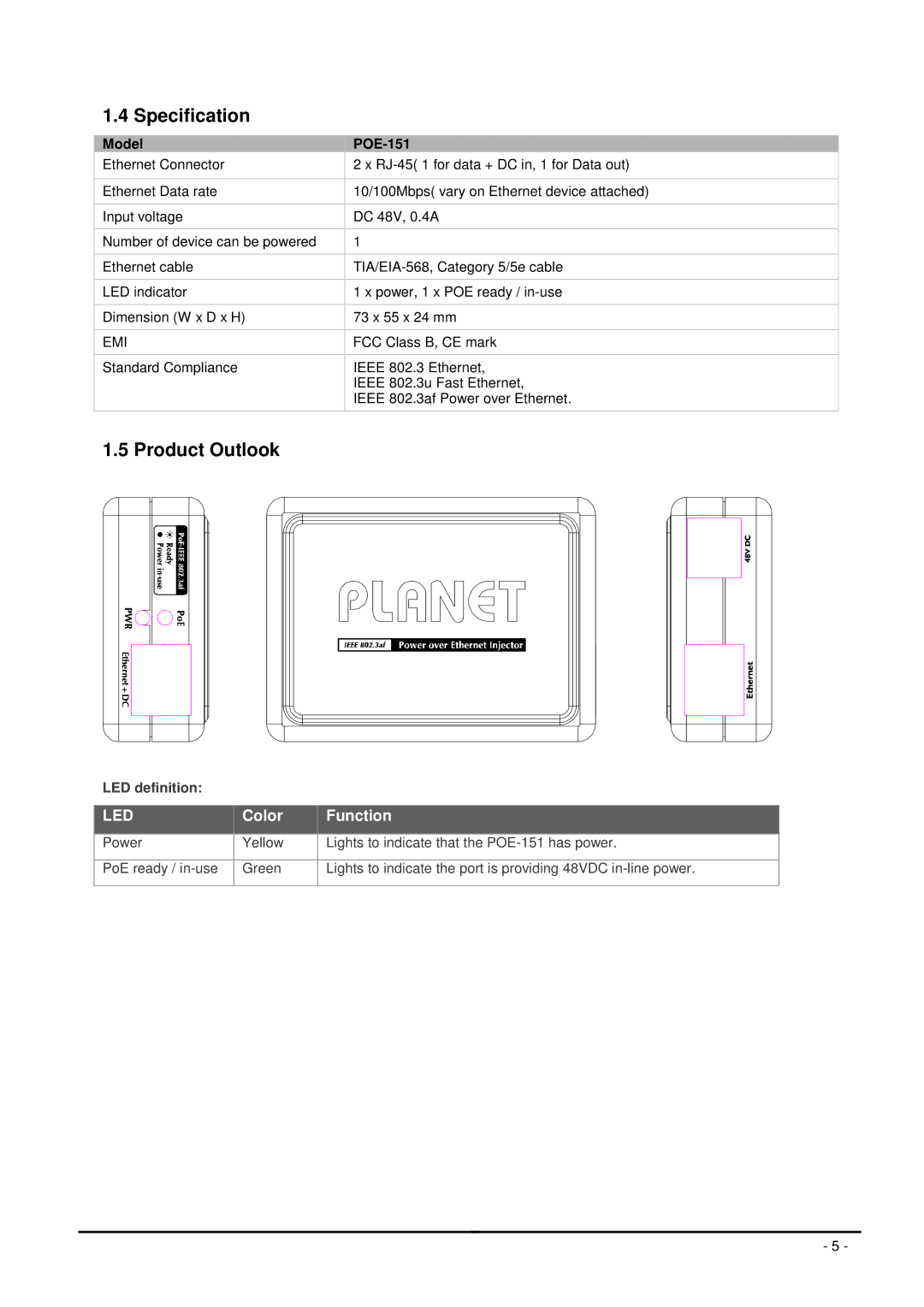 Planet Technology POE-151 user manual Specification, Product Outlook 