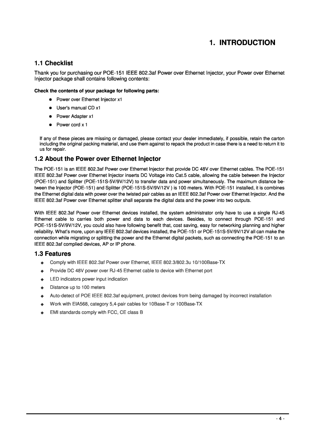 Planet Technology POE-151 user manual Introduction, Checklist, About the Power over Ethernet Injector, Features 