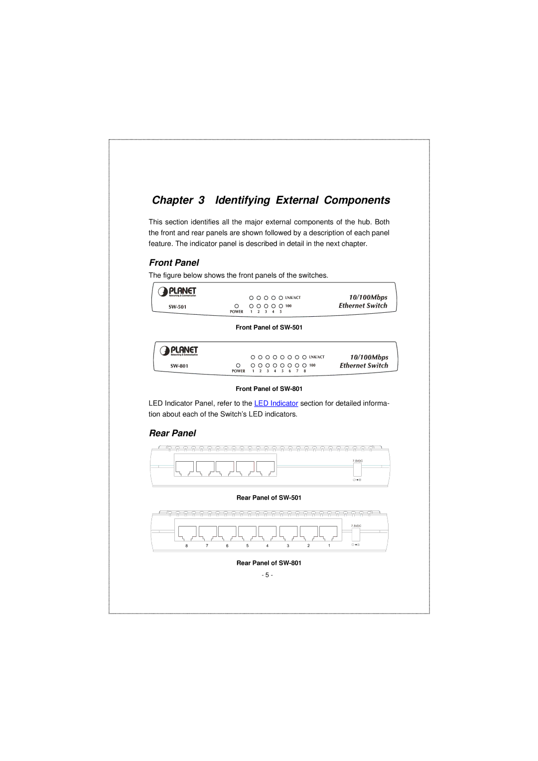 Planet Technology SW-801, SW-501 manual Identifying External Components, Front Panel, Rear Panel 