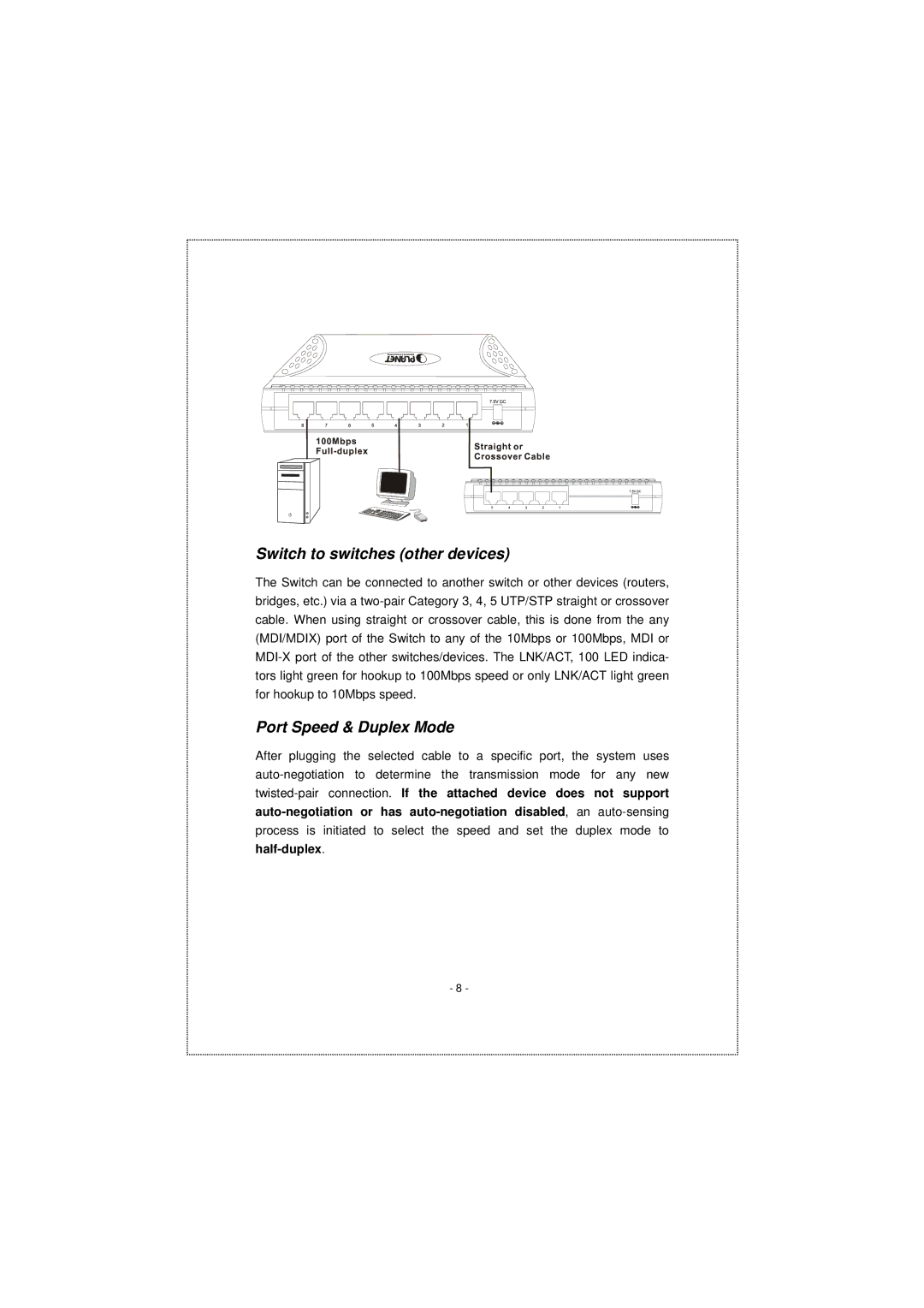 Planet Technology SW-501, SW-801 manual Switch to switches other devices, Port Speed & Duplex Mode 