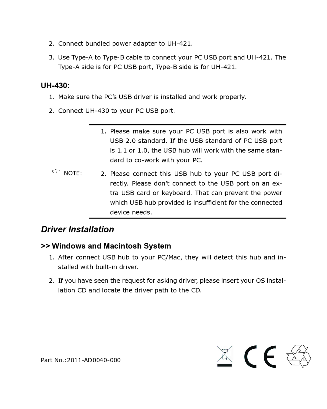 Planet Technology UH-421 manual Driver Installation, UH-430, Windows and Macintosh System 