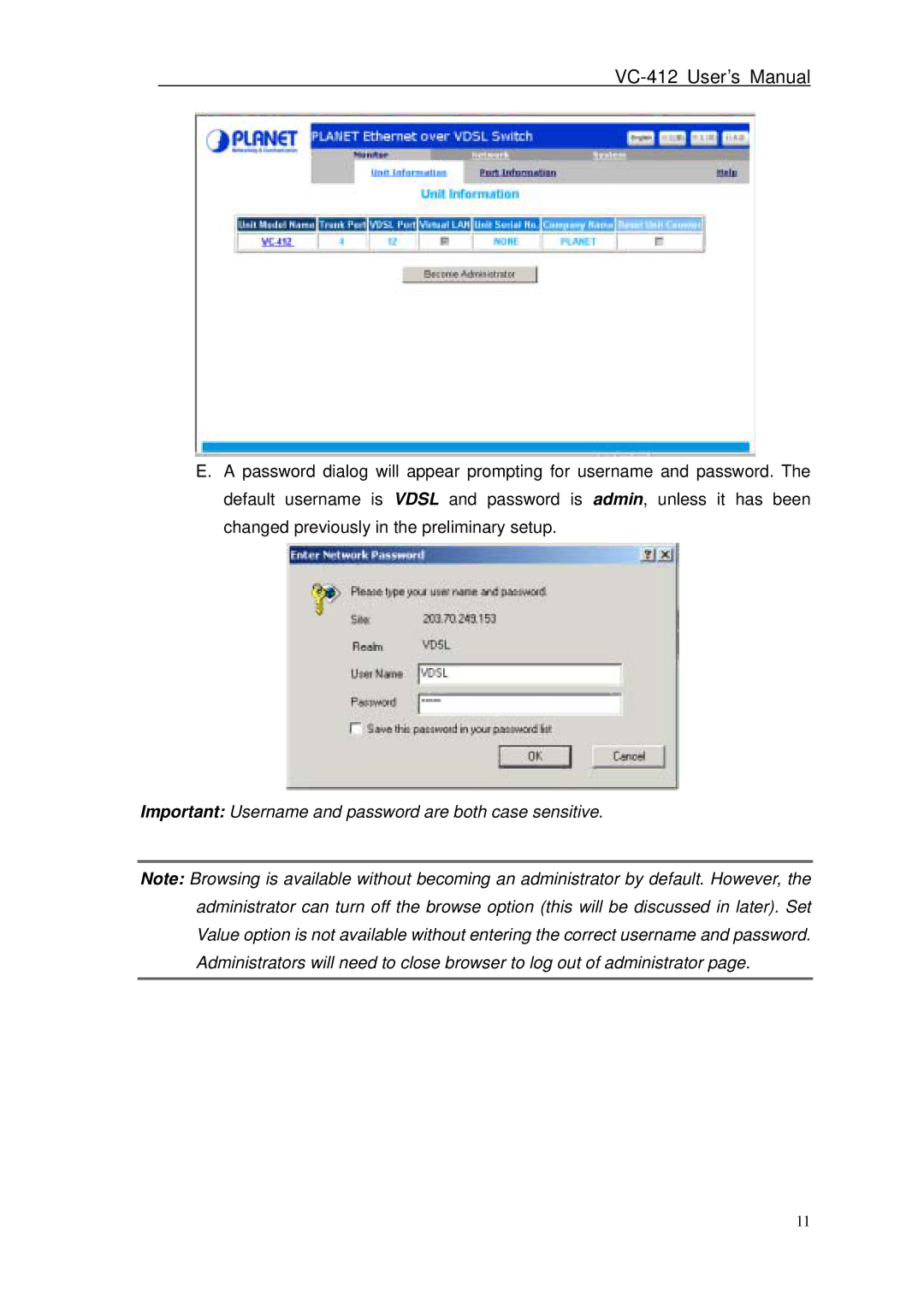 Planet Technology VC-412 user manual Important Username and password are both case sensitive 