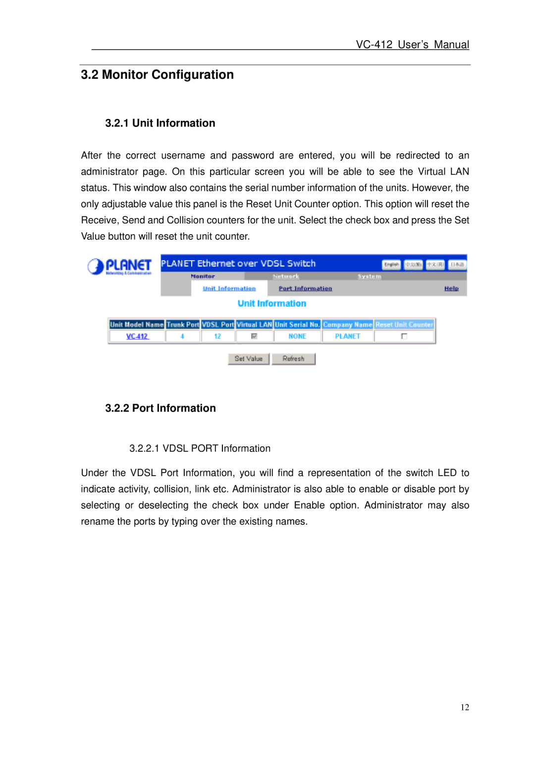 Planet Technology VC-412 user manual Monitor Configuration, Unit Information, Port Information 