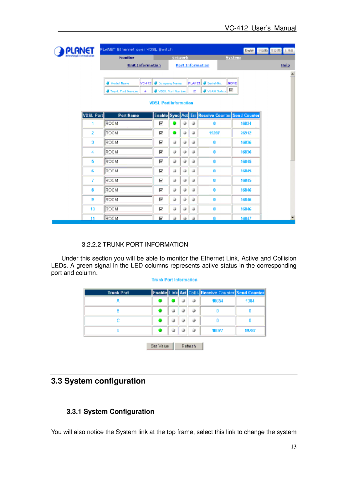 Planet Technology VC-412 user manual System configuration, System Configuration 