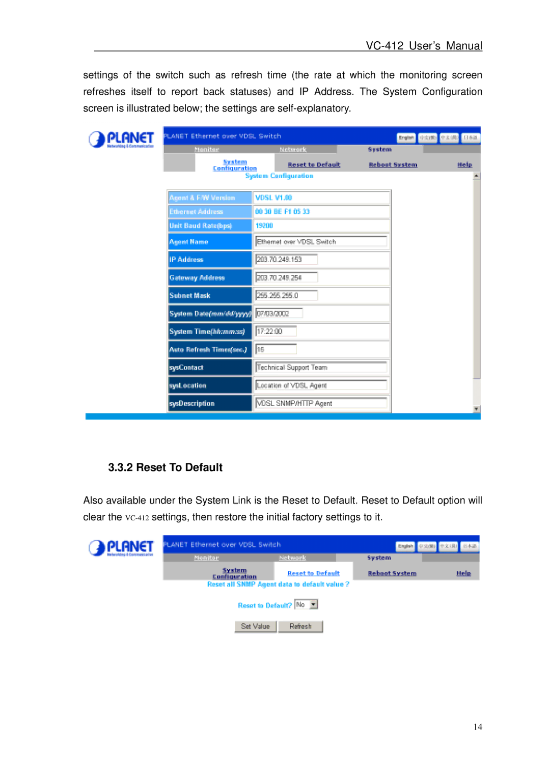 Planet Technology VC-412 user manual Reset To Default 