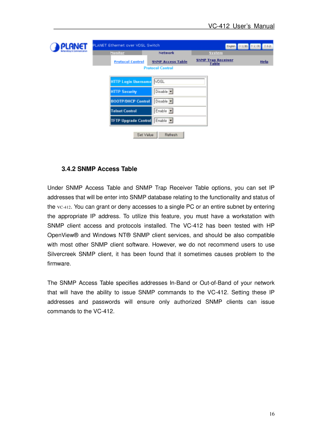 Planet Technology VC-412 user manual Snmp Access Table 