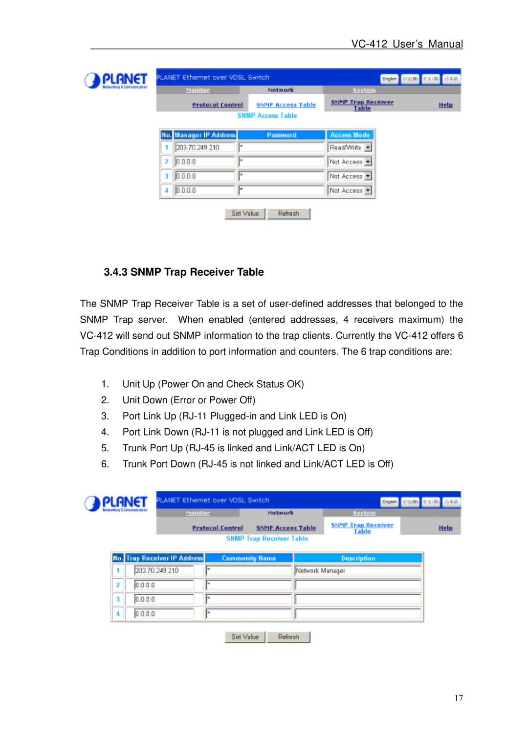 Planet Technology VC-412 user manual Snmp Trap Receiver Table 