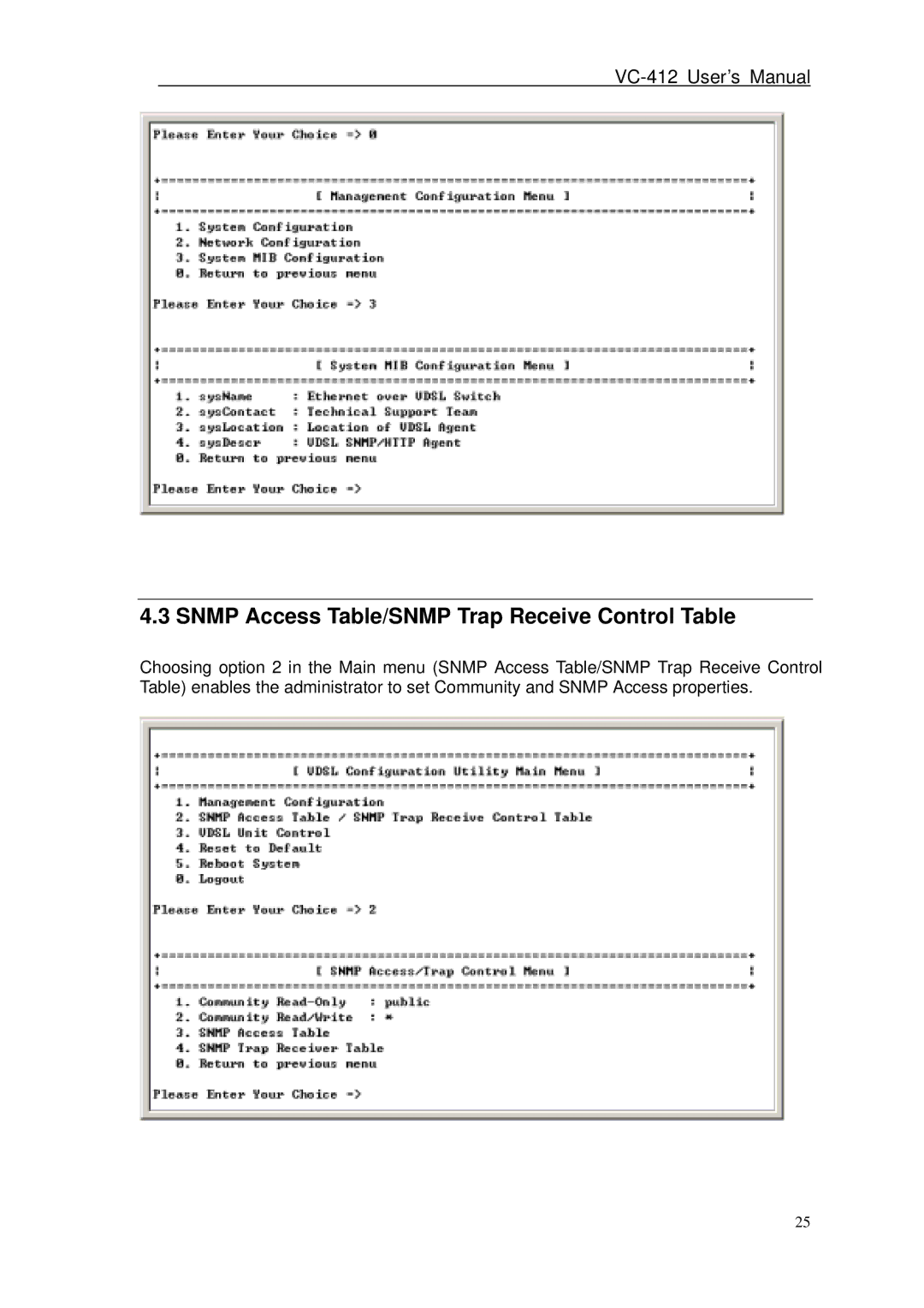 Planet Technology VC-412 user manual Snmp Access Table/SNMP Trap Receive Control Table 