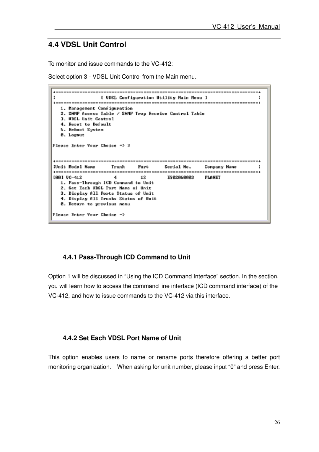 Planet Technology VC-412 user manual Vdsl Unit Control, Pass-Through ICD Command to Unit, Set Each Vdsl Port Name of Unit 