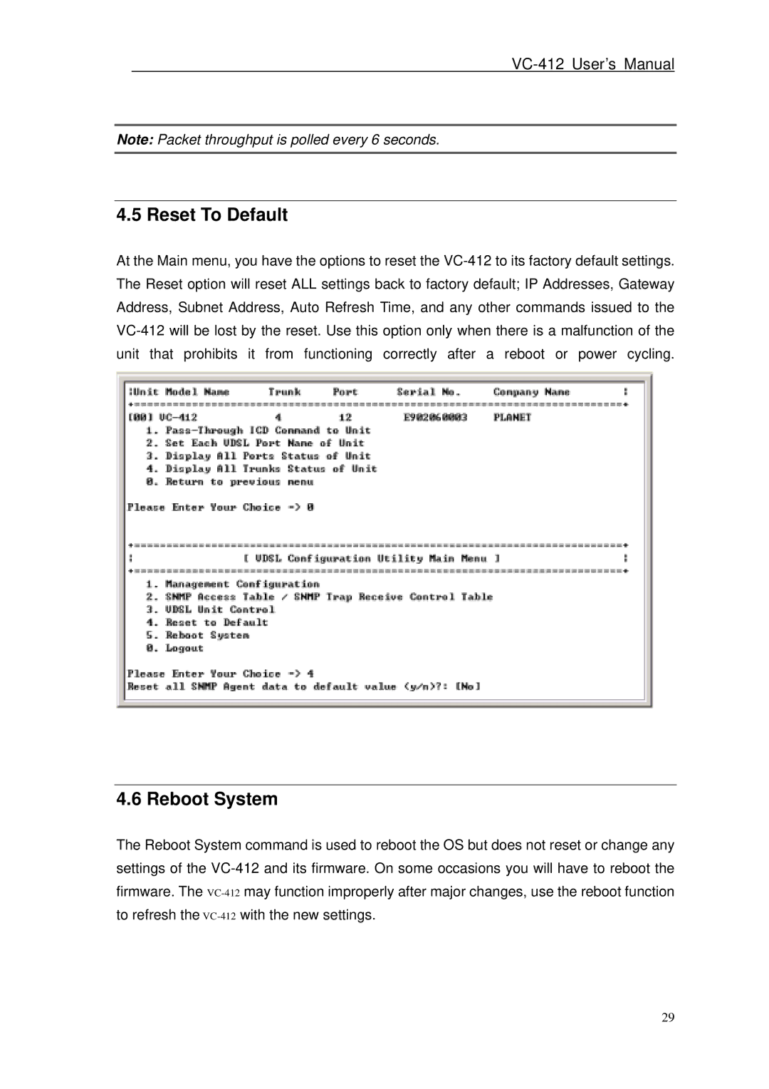 Planet Technology VC-412 user manual Reset To Default, Reboot System 