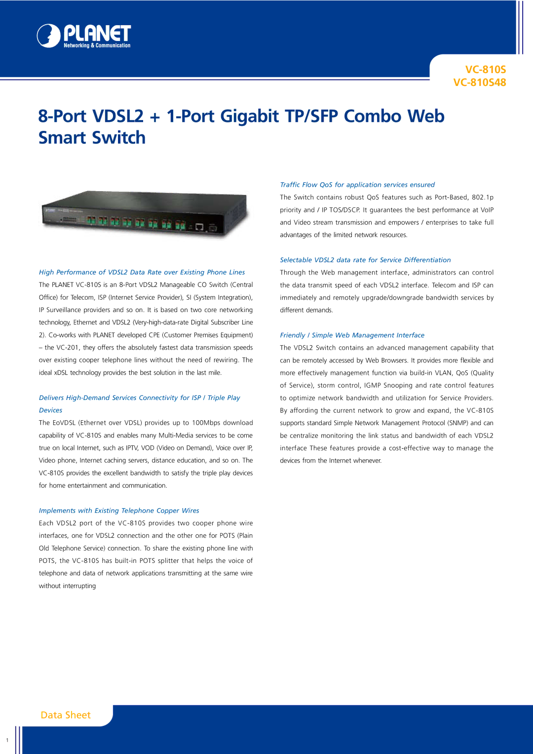 Planet Technology VC-810S48 manual Port VDSL2 + 1-Port Gigabit TP/SFP Combo Web Smart Switch 