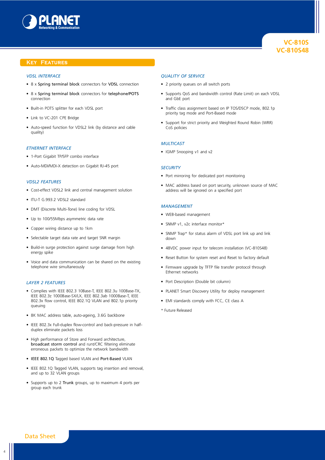 Planet Technology VC-810S48 manual KEY Features 