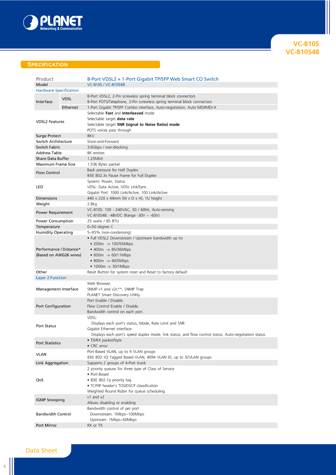 Planet Technology VC-810S48 manual Specification, Vdsl, 8KV, Led, Vlan 