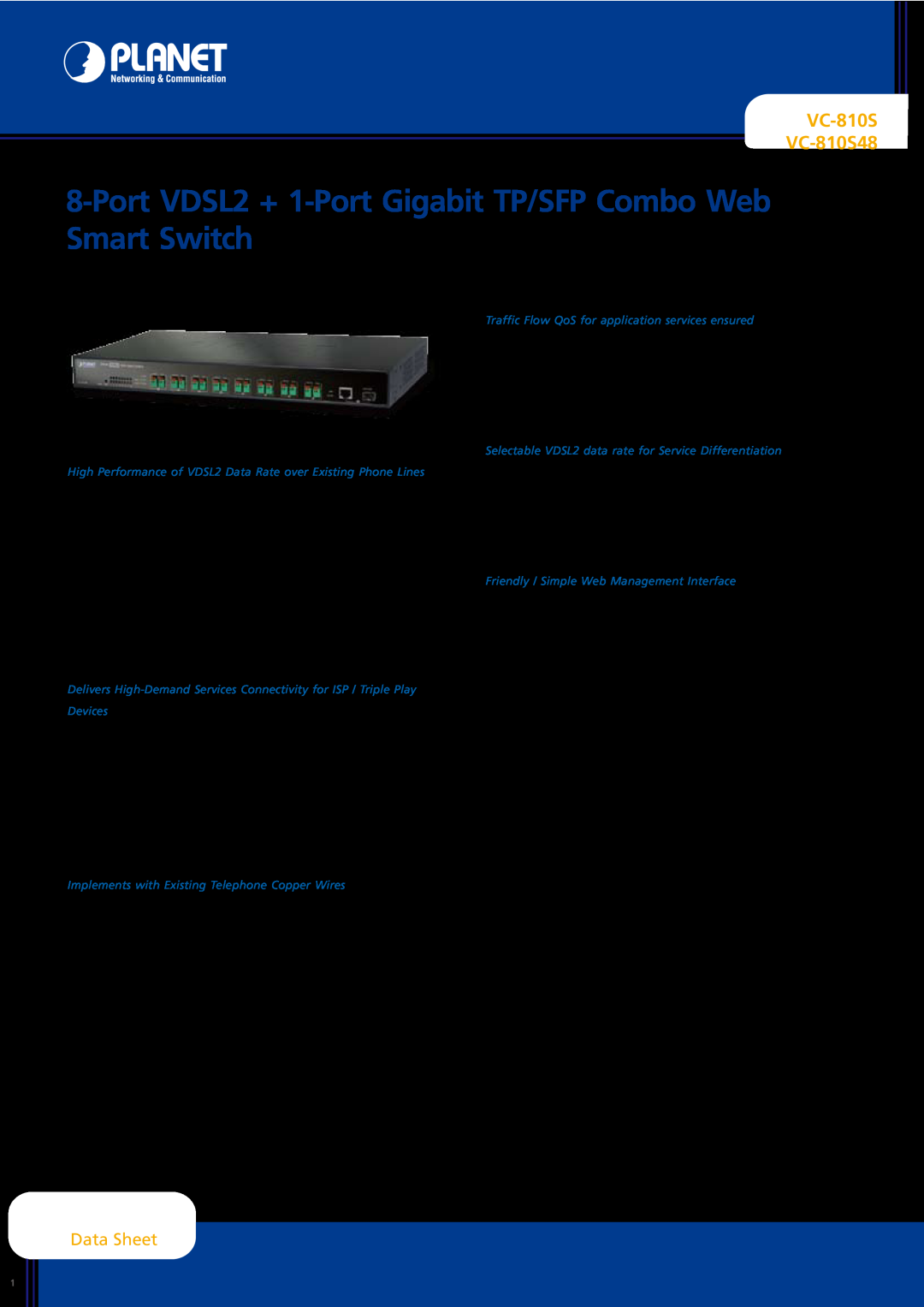 Planet Technology manual VC-810S VC-810S48, Data Sheet, Port VDSL2 + 1-Port Gigabit TP/SFP Combo Web Smart Switch 