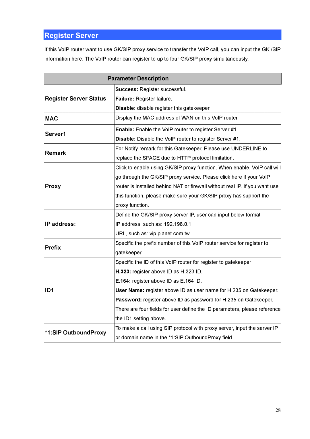 Planet Technology VIP-320 user manual Register Server, Server1, 1SIP OutboundProxy 