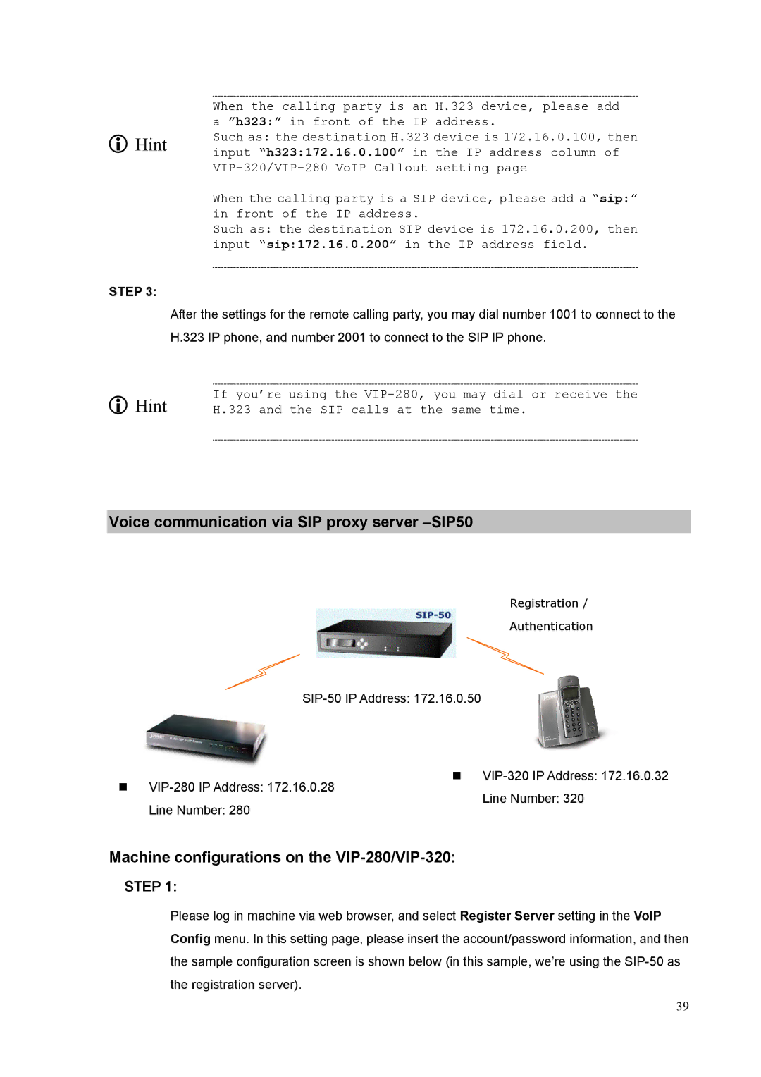 Planet Technology Voice communication via SIP proxy server -SIP50, Machine configurations on the VIP-280/VIP-320 