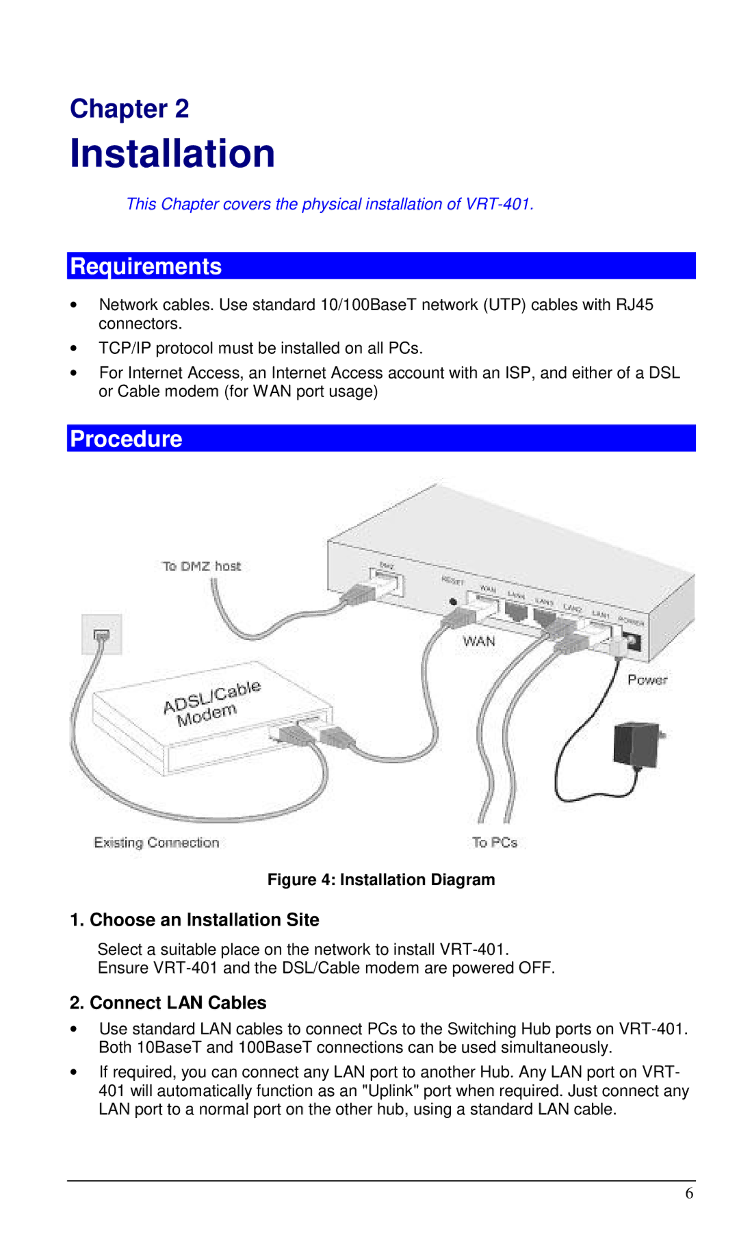 Planet Technology VRT-401 user manual Requirements, Procedure, Choose an Installation Site, Connect LAN Cables 