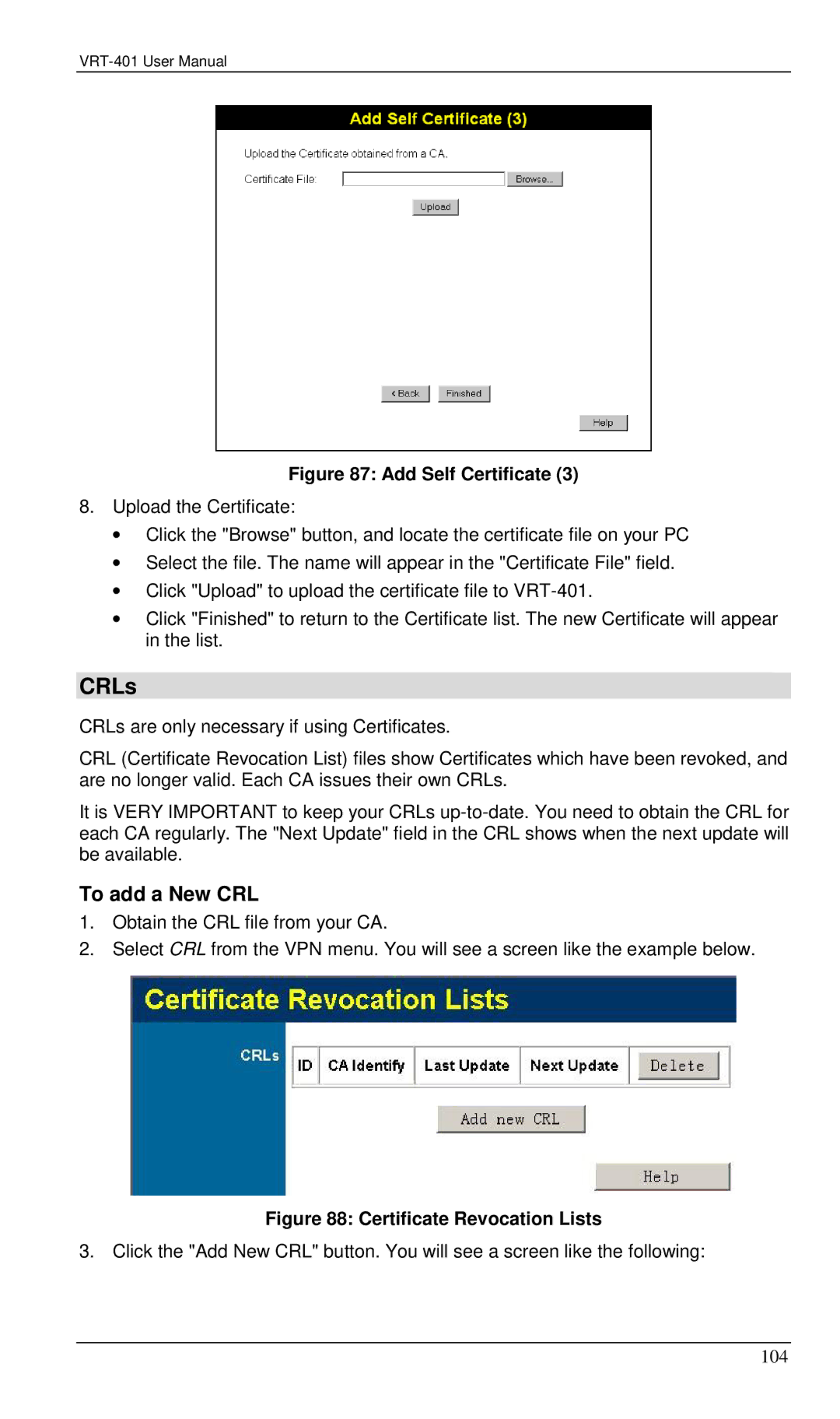 Planet Technology VRT-401 user manual CRLs, To add a New CRL 