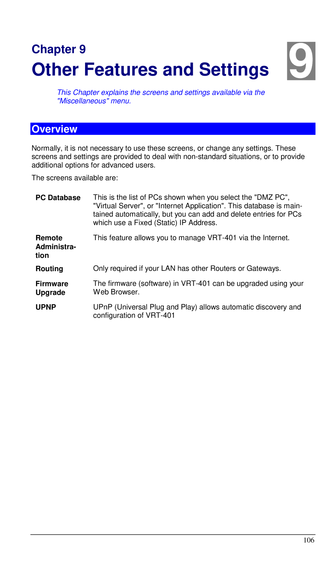 Planet Technology VRT-401 user manual PC Database, Remote, Administra Tion Routing, Firmware, Upgrade 