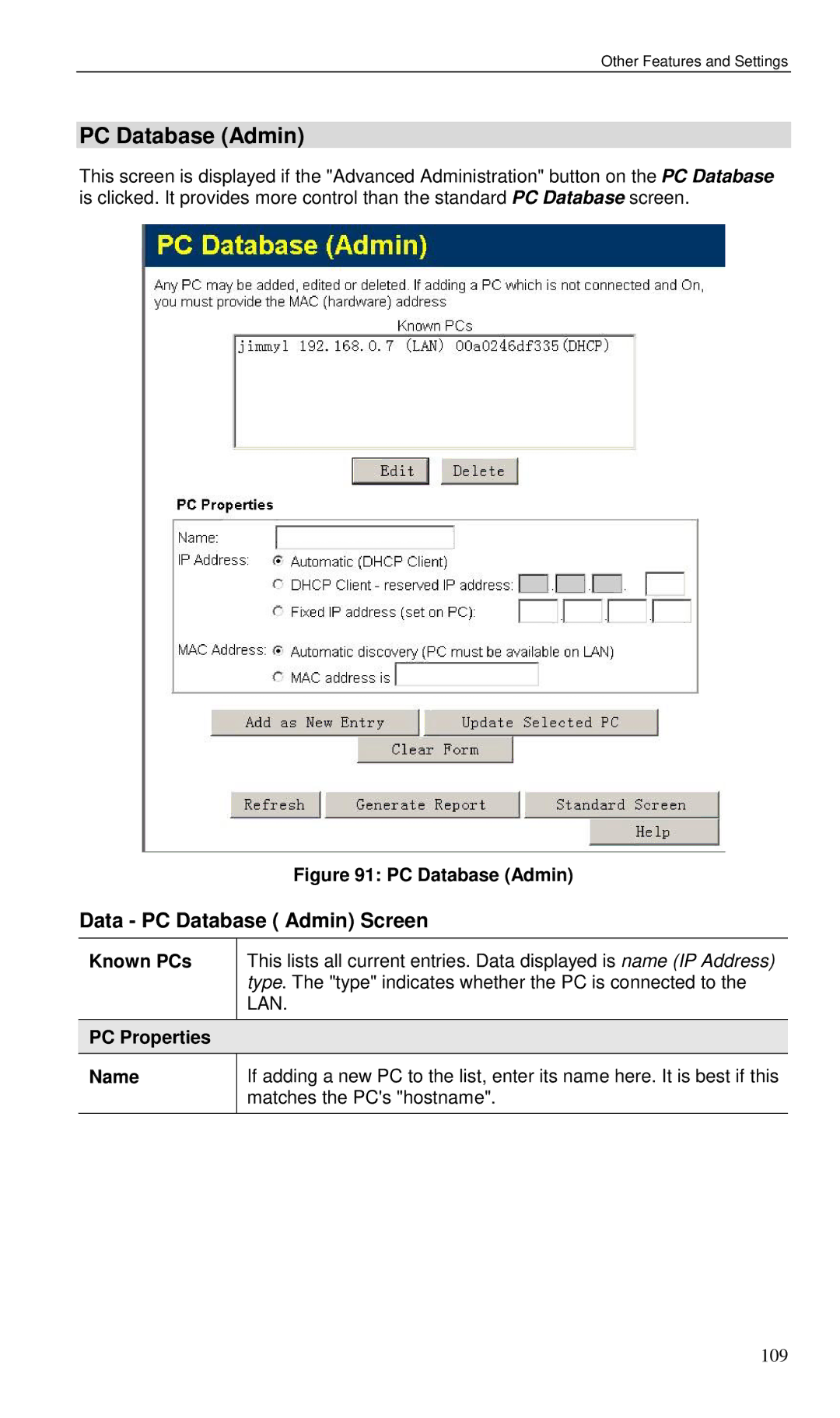 Planet Technology VRT-401 user manual Data PC Database Admin Screen, PC Properties Name 