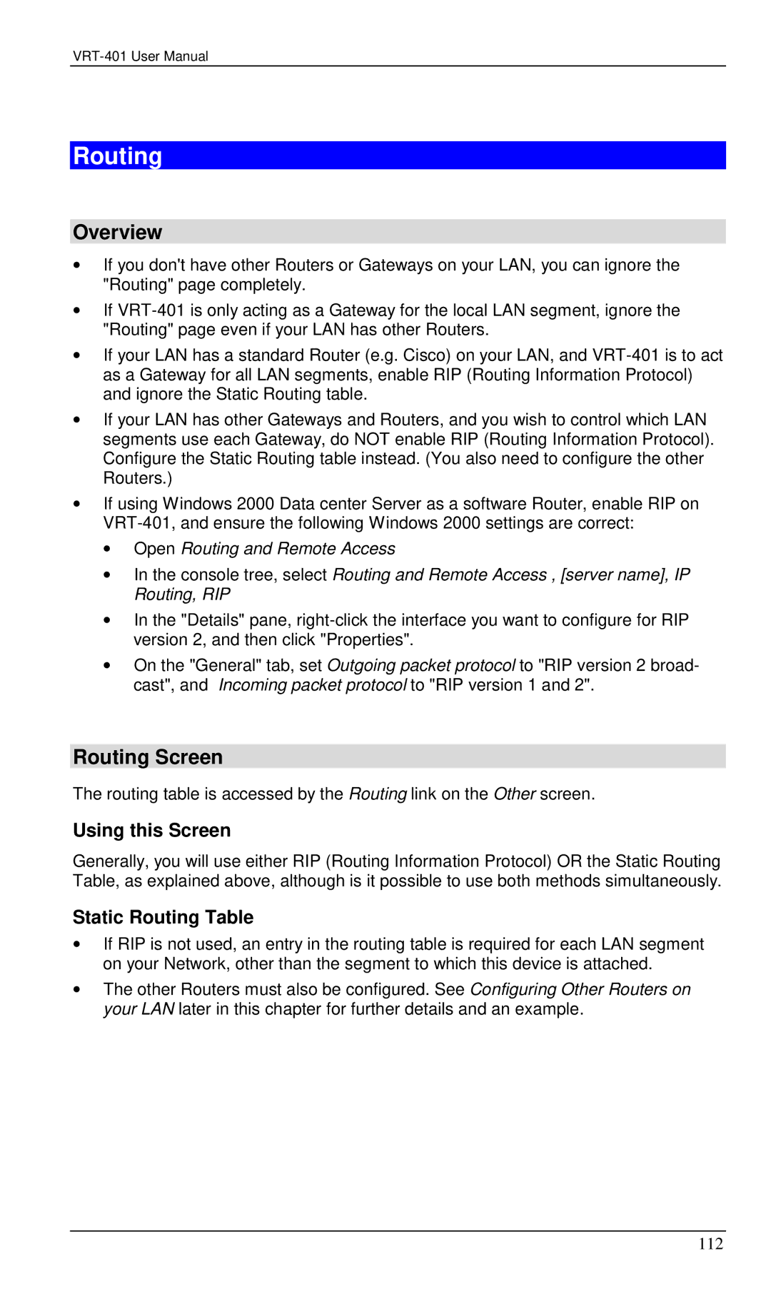 Planet Technology VRT-401 user manual Overview, Routing Screen, Using this Screen, Static Routing Table 