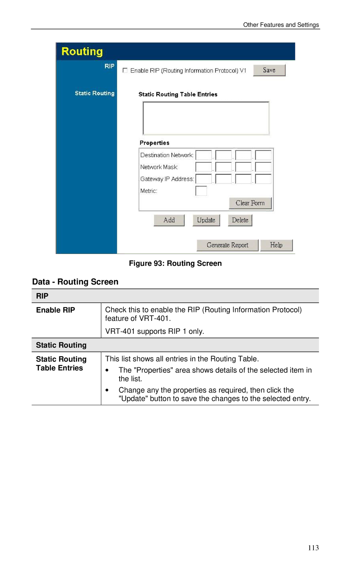 Planet Technology VRT-401 user manual Data Routing Screen, Enable RIP, Static Routing Static Routing Table Entries 