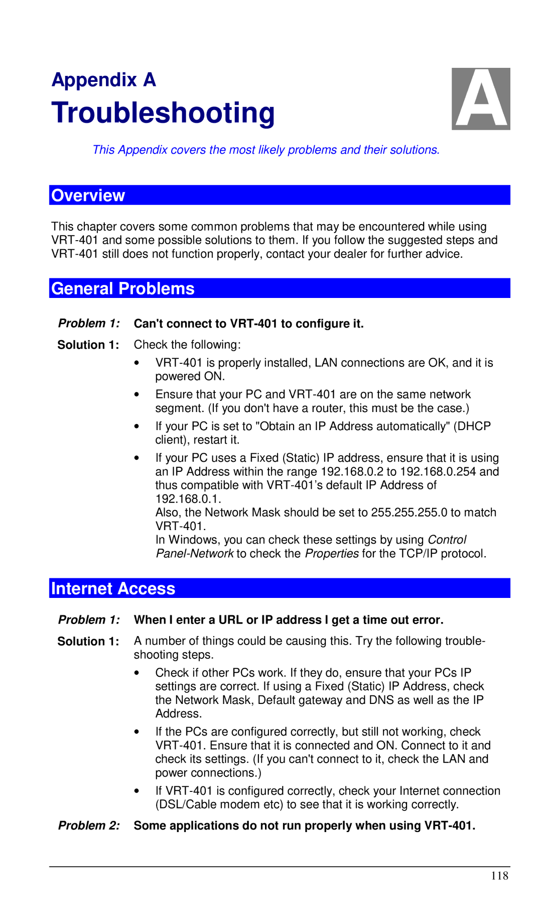 Planet Technology user manual General Problems, Internet Access, Problem 1 Cant connect to VRT-401 to configure it 