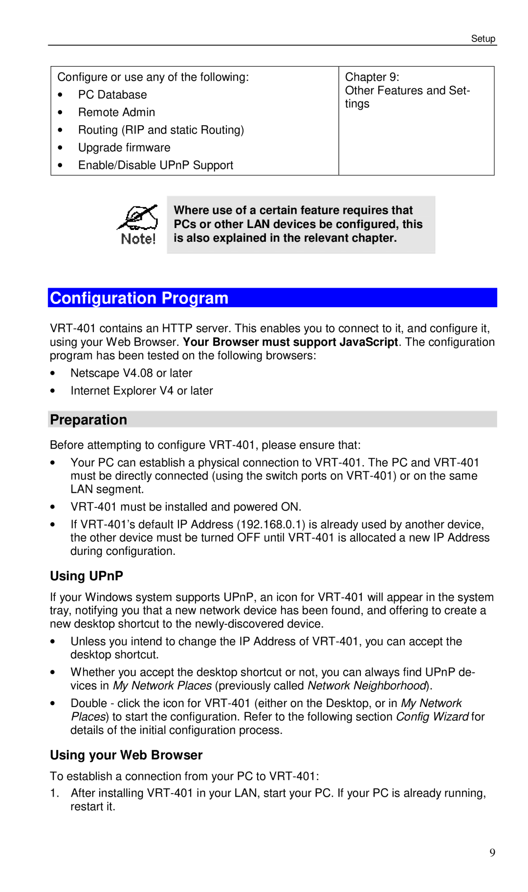 Planet Technology VRT-401 user manual Configuration Program, Preparation, Using UPnP, Using your Web Browser 