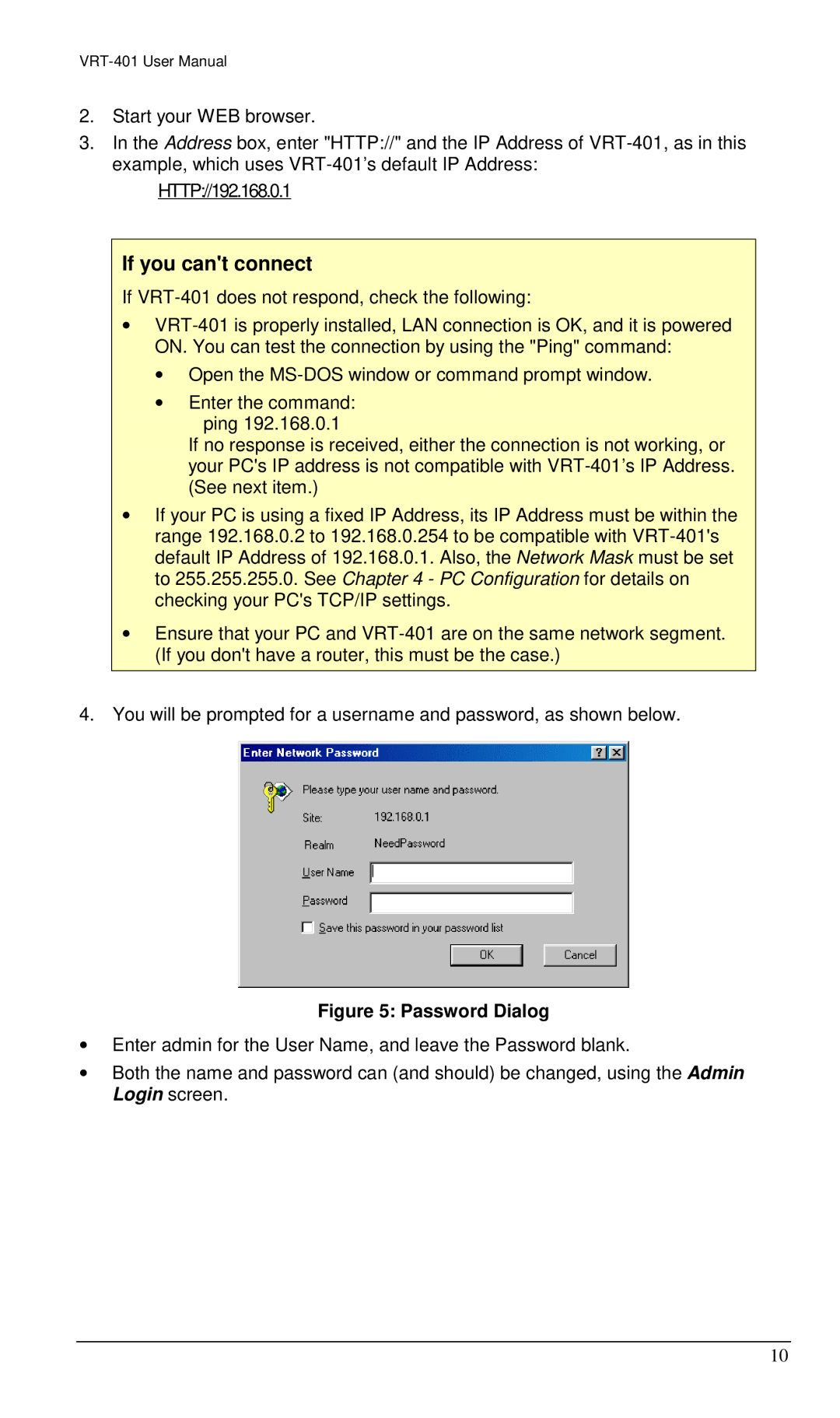 Planet Technology VRT-401 user manual If you cant connect, Password Dialog 