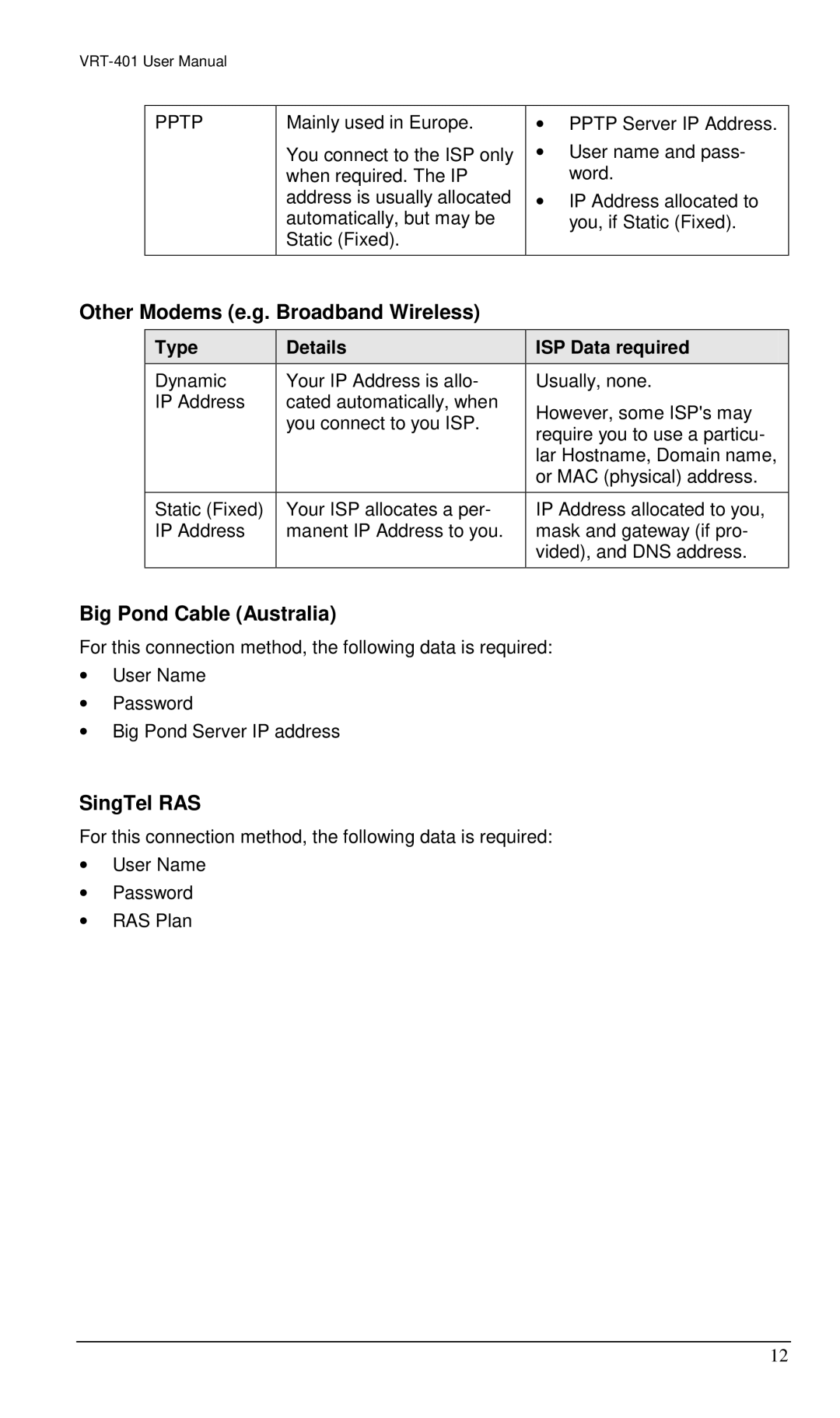 Planet Technology VRT-401 user manual Other Modems e.g. Broadband Wireless, Big Pond Cable Australia, SingTel RAS 