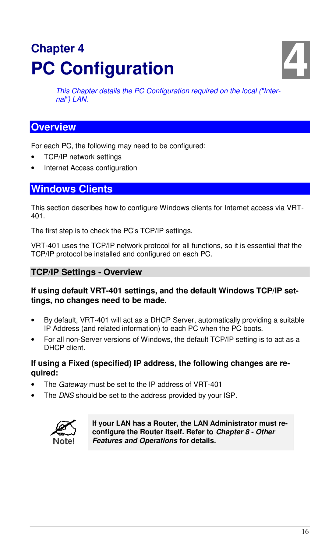 Planet Technology VRT-401 user manual Windows Clients, TCP/IP Settings Overview 