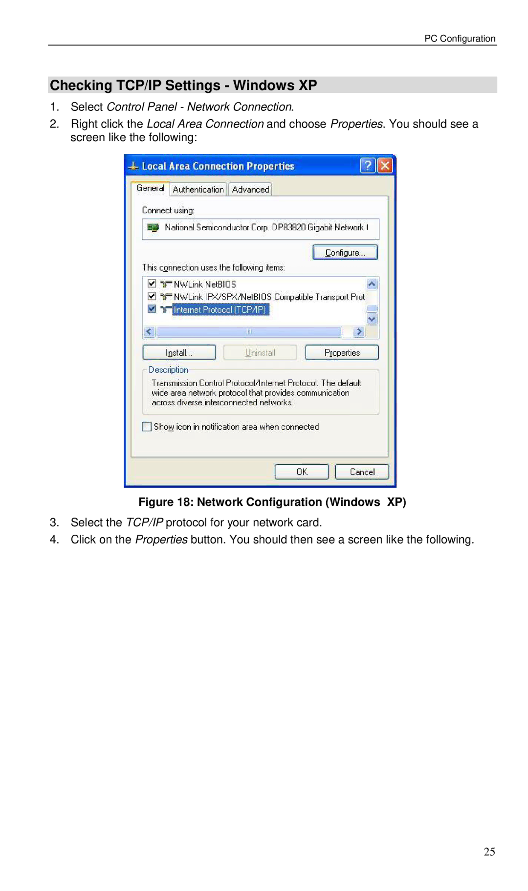 Planet Technology VRT-401 user manual Checking TCP/IP Settings Windows XP, Network Configuration Windows XP 