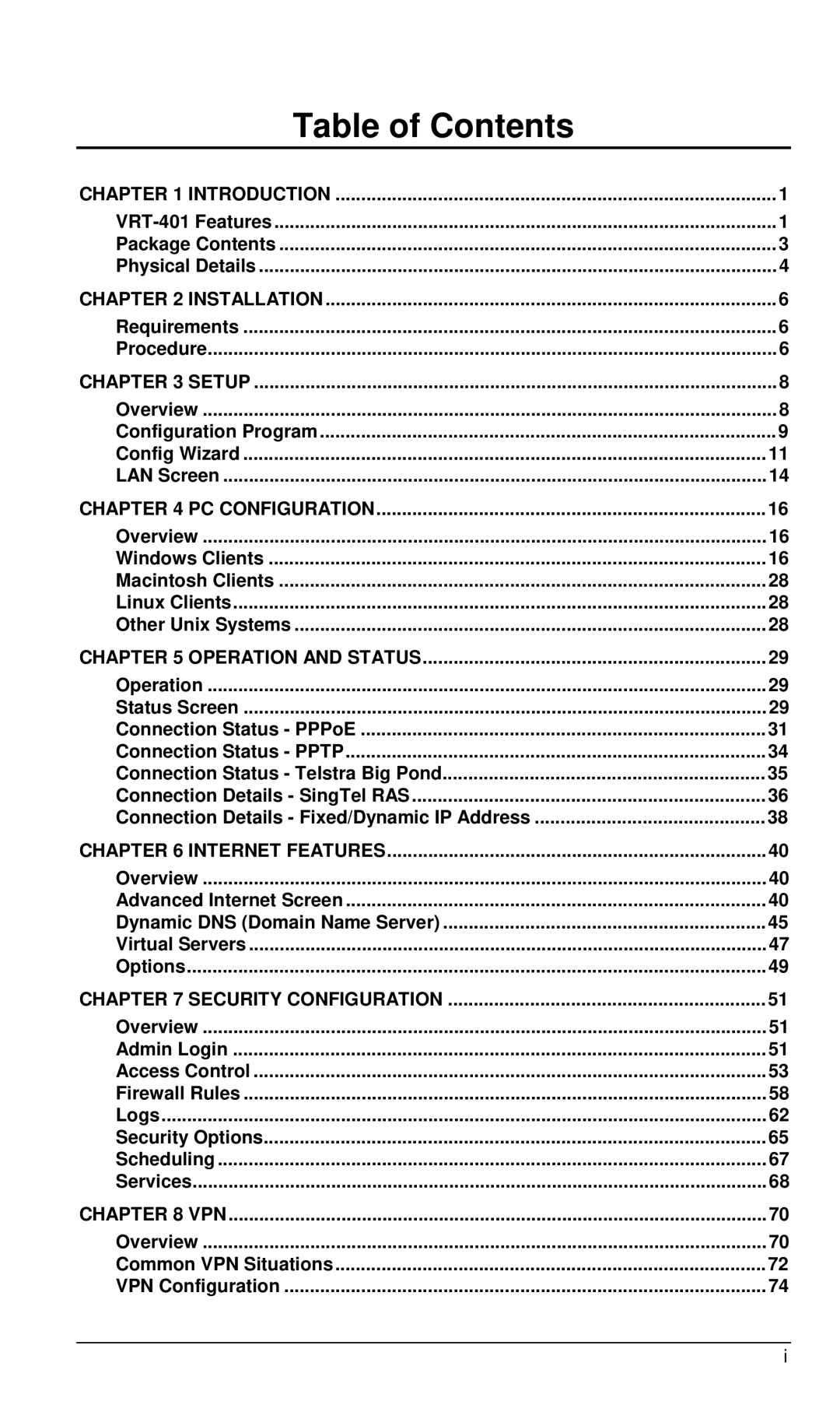 Planet Technology VRT-401 user manual Table of Contents 